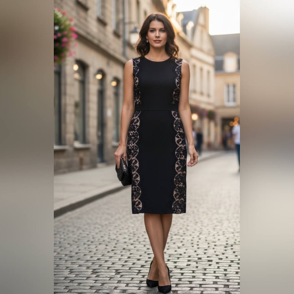 J. Crew Black Midi Dress with Lace Accents